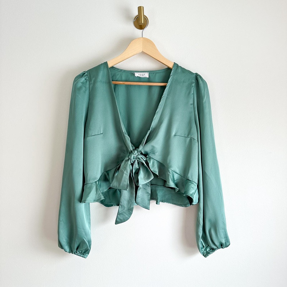 SAGE The Label Tie-Front Balloon Sleeve Ruffle Trim Blouse Green S - Picture 1 of 8